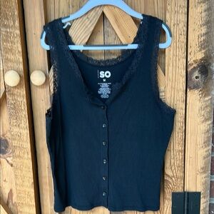 SO Black Fitted Buttoned Tank Top with lace trim